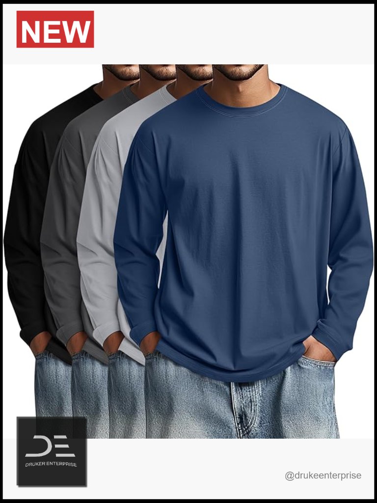 4 Pack Big And Tall Cotton T-Shirts Long Sleeve Oversized Tops Loose Casual Tee